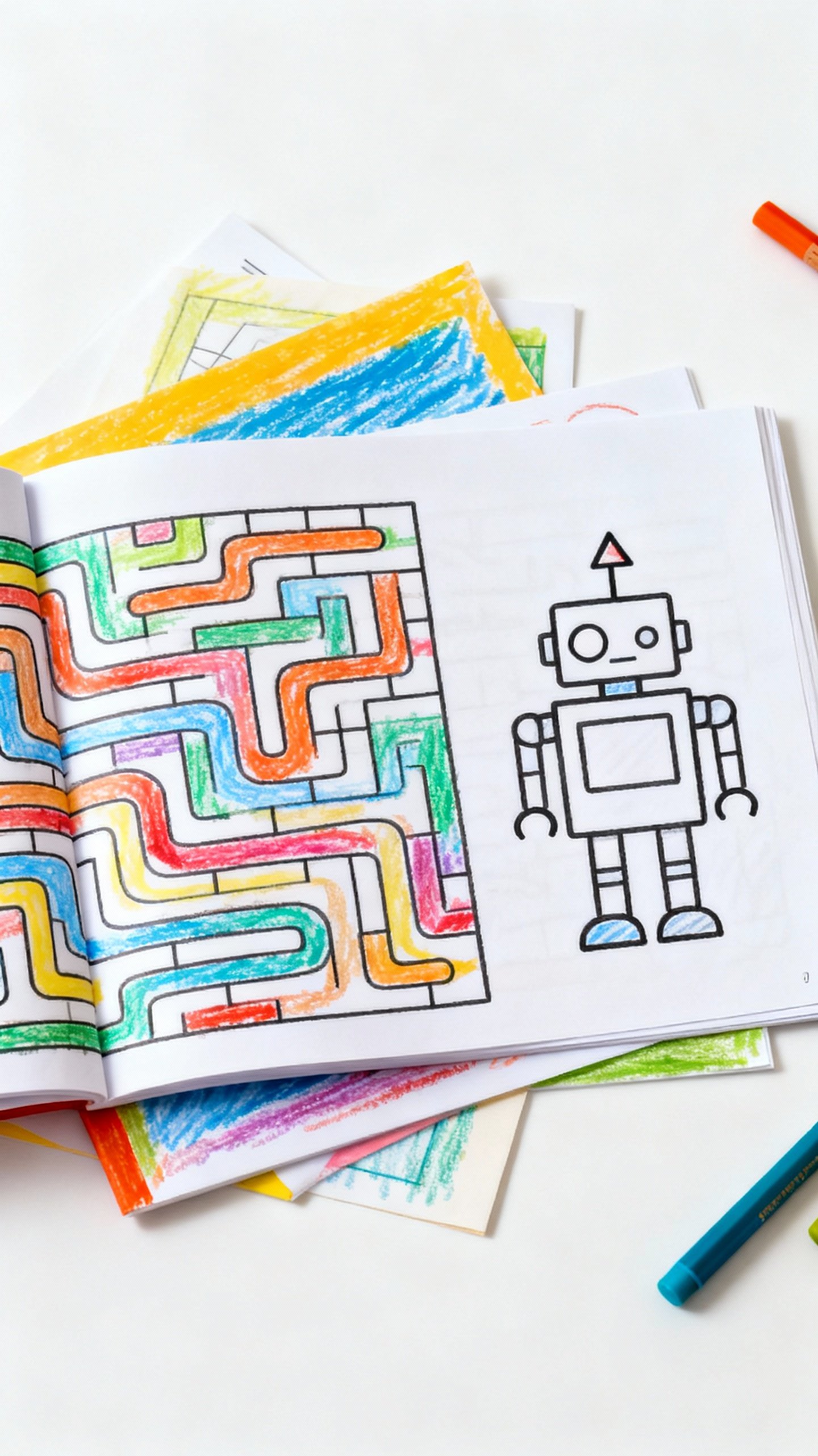 Overhead shot of kids’ coloring book pages, maze and robot