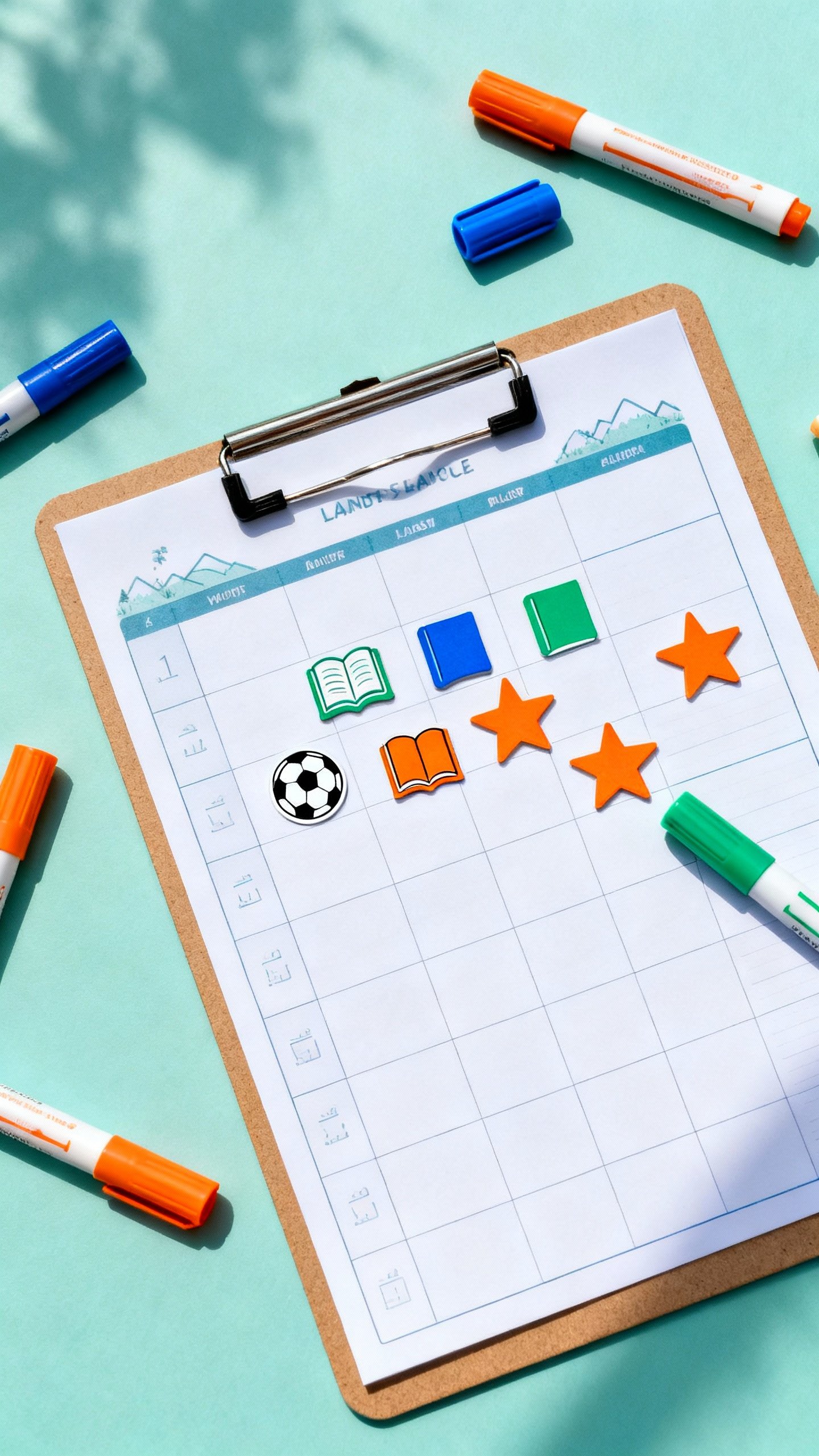 Overhead shot of laminated landscape planner on clipboard, blue-green-orange color-coded icons (book