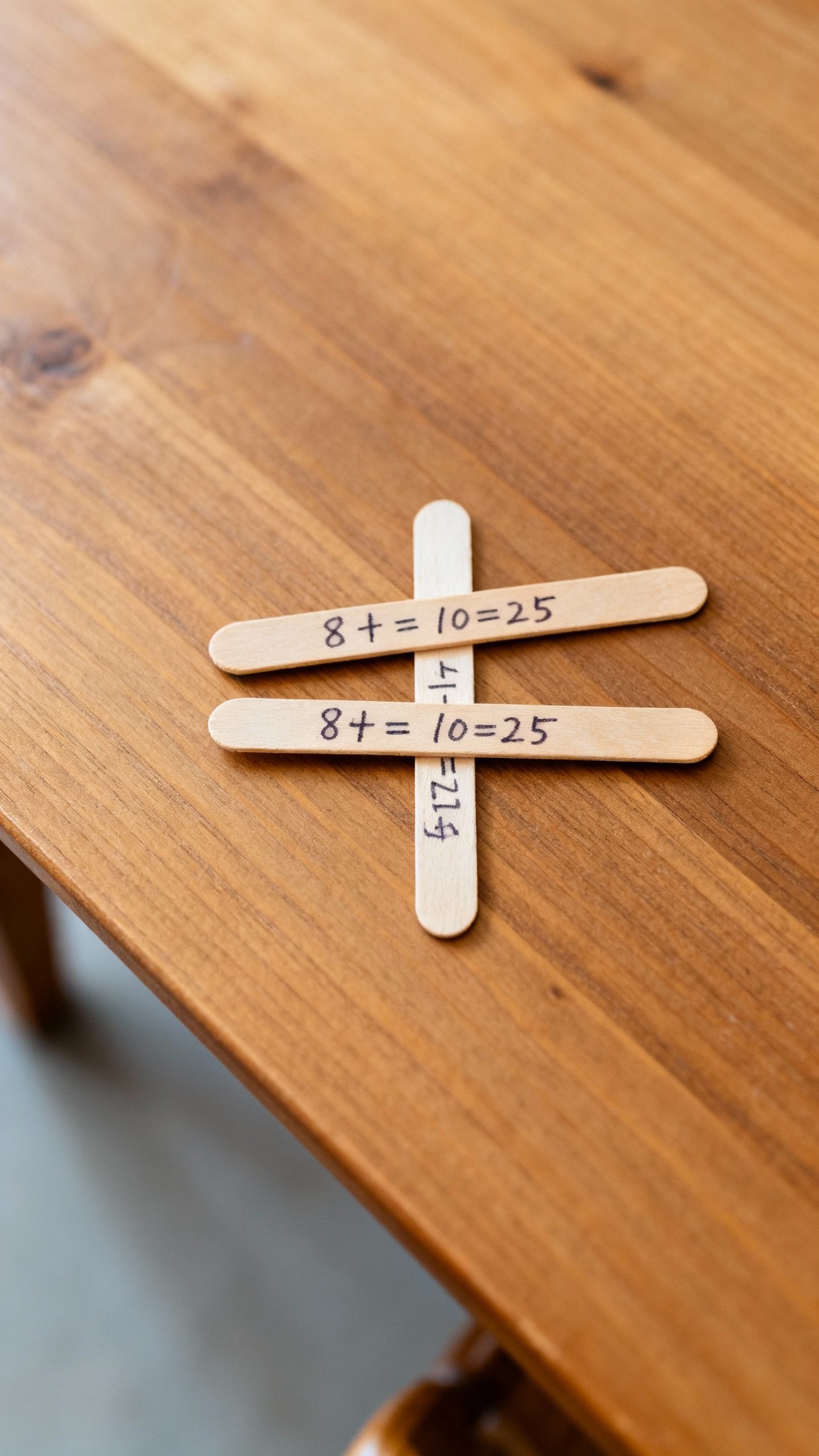 Overhead shot of popsicle sticks with equations and answers, wooden table