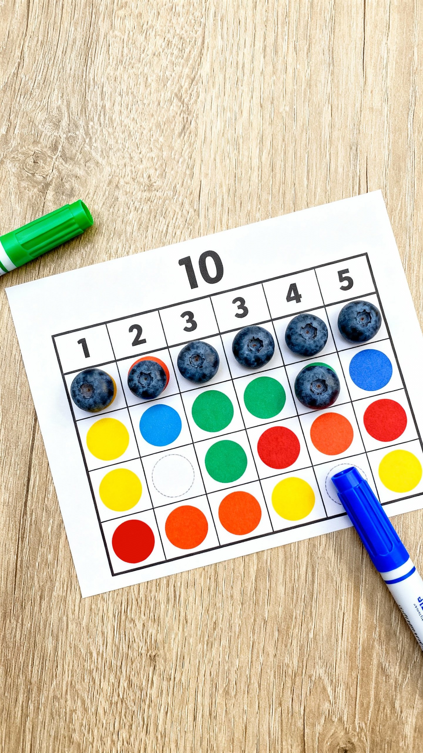 Overhead ten-frame number card with colored dot patterns, blueberries counted on dots, green and blu
