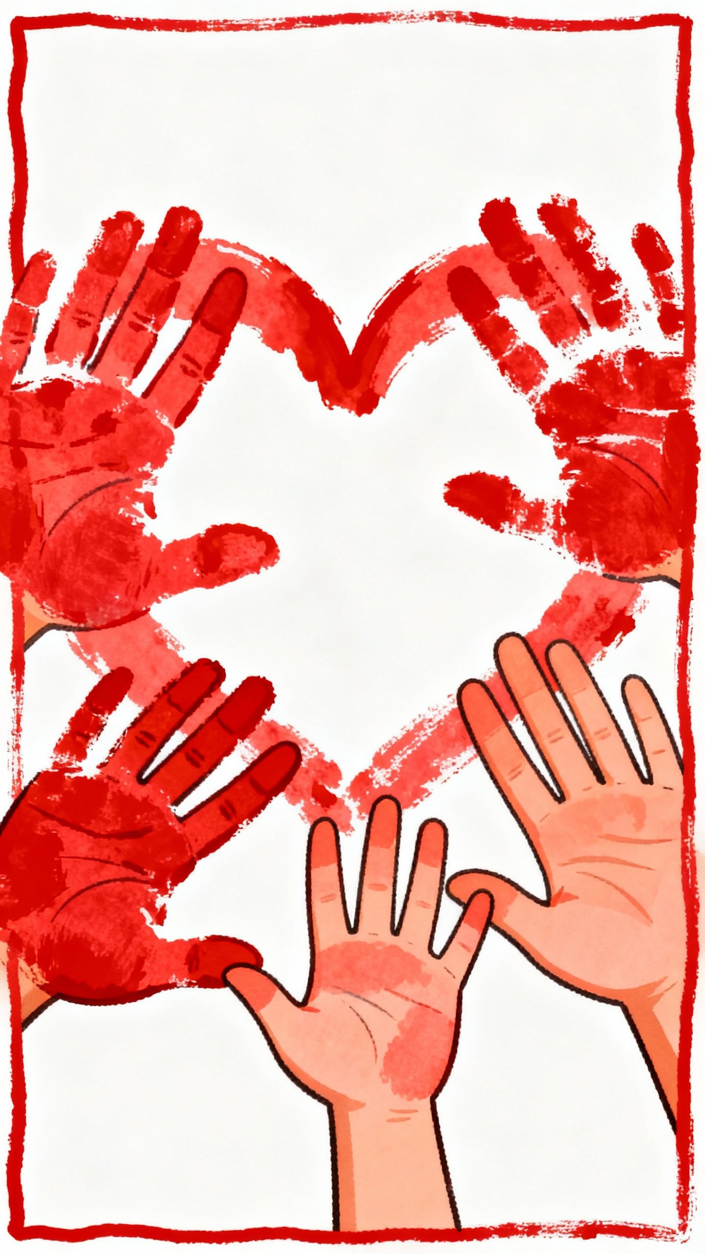 Overlapping family handprints forming heart, red paint, crisp border