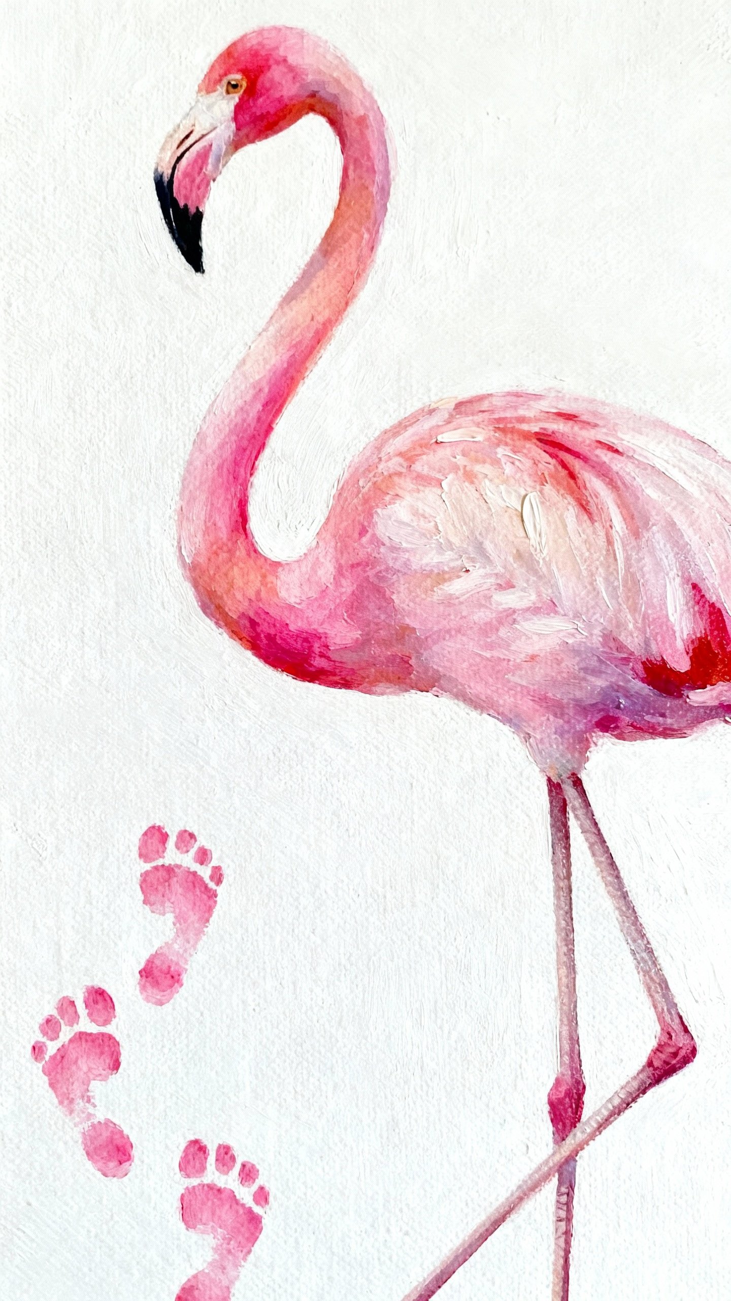 Pink footprint flamingo on white canvas, painted neck, skinny legs
