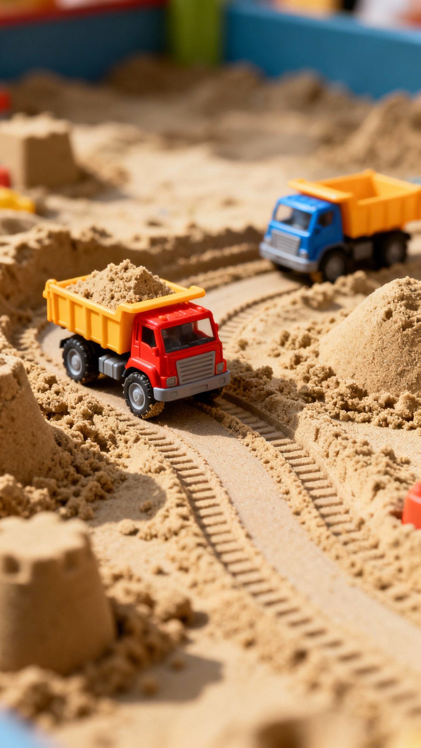 Small trucks building roads in kinetic sand, detail shot