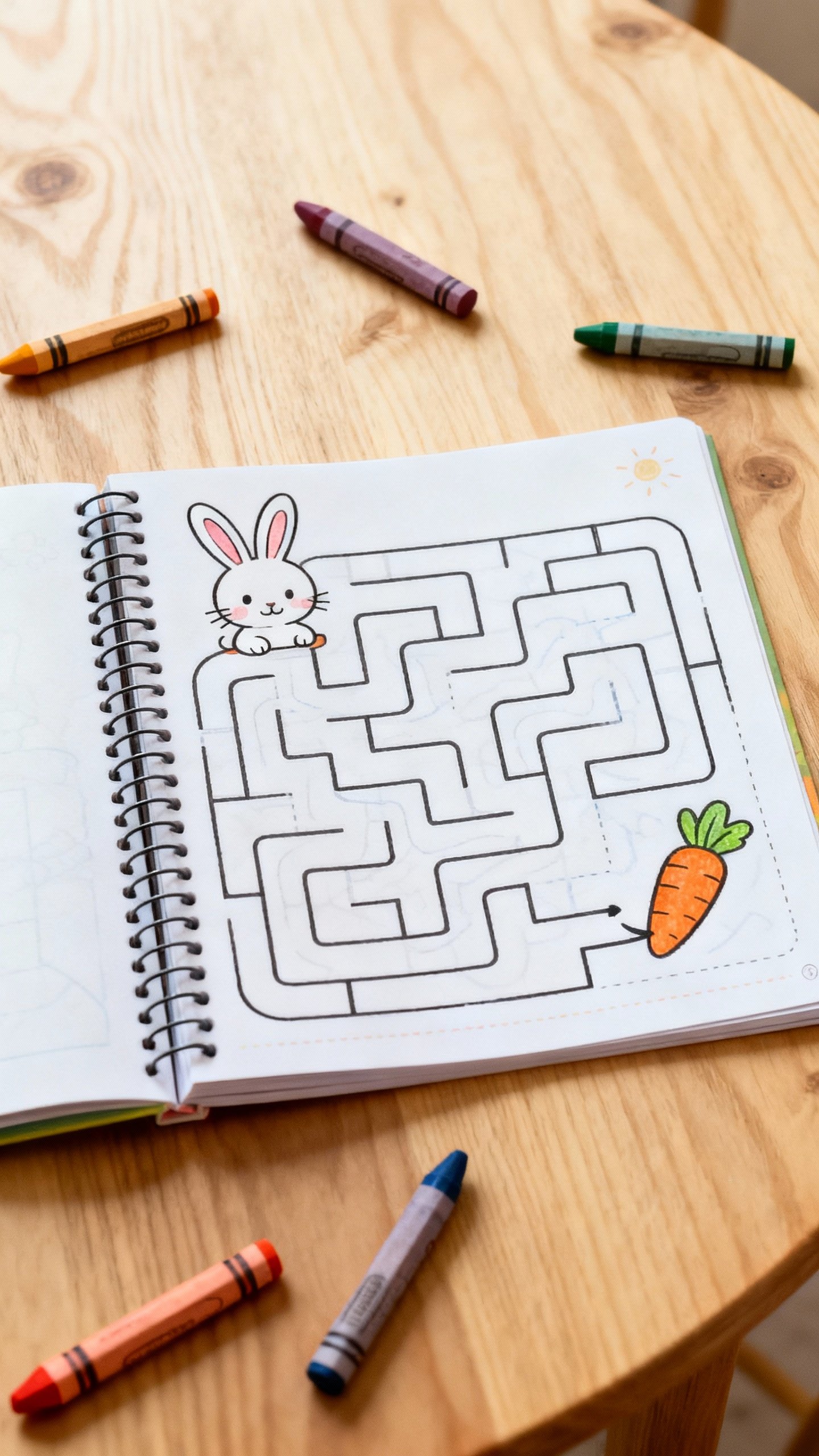 Spiral-bound kids activity book on table, bunny maze page, crayons scattered