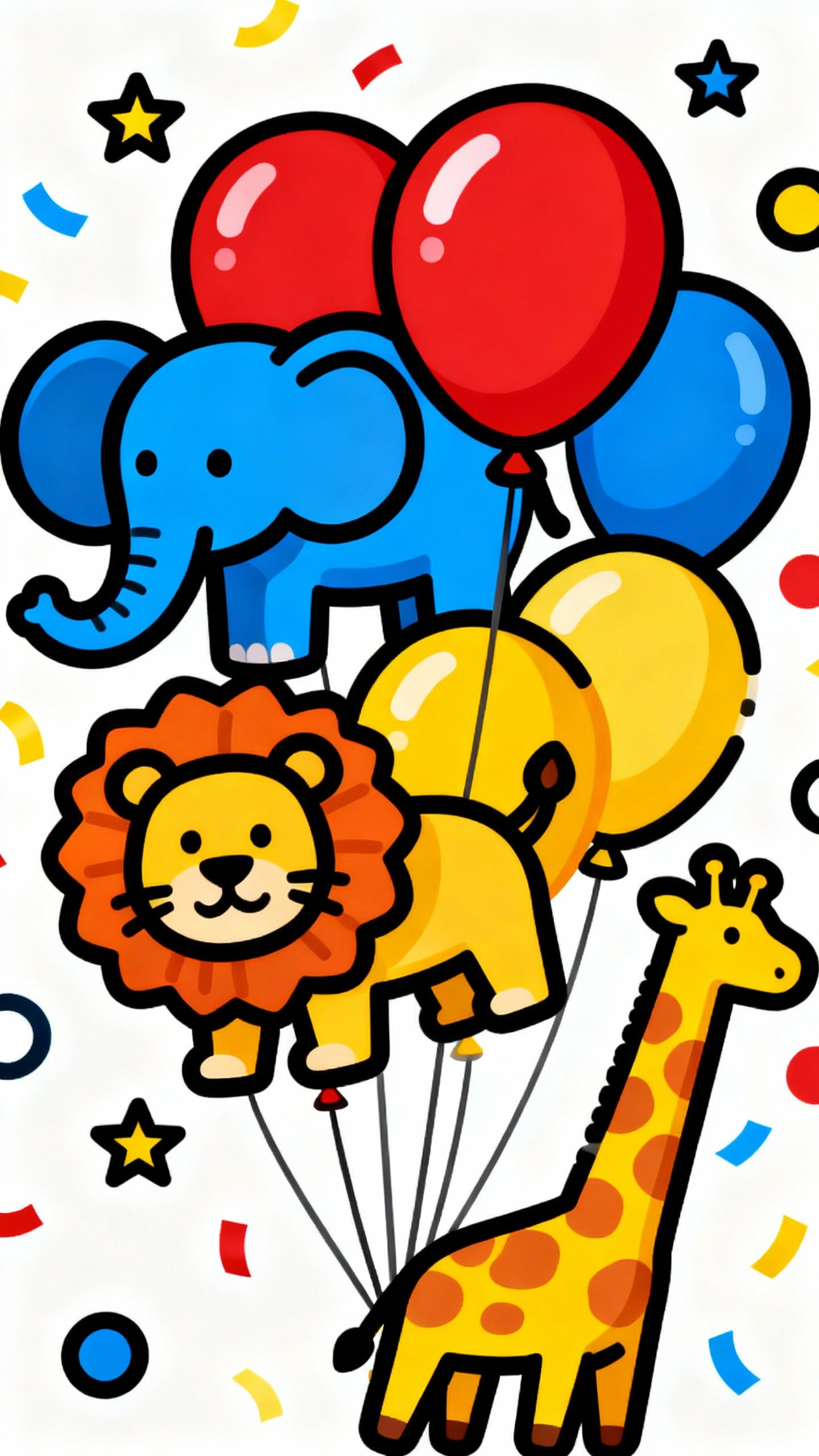 Thick-lined zoo parade balloons, confetti, bold outlines