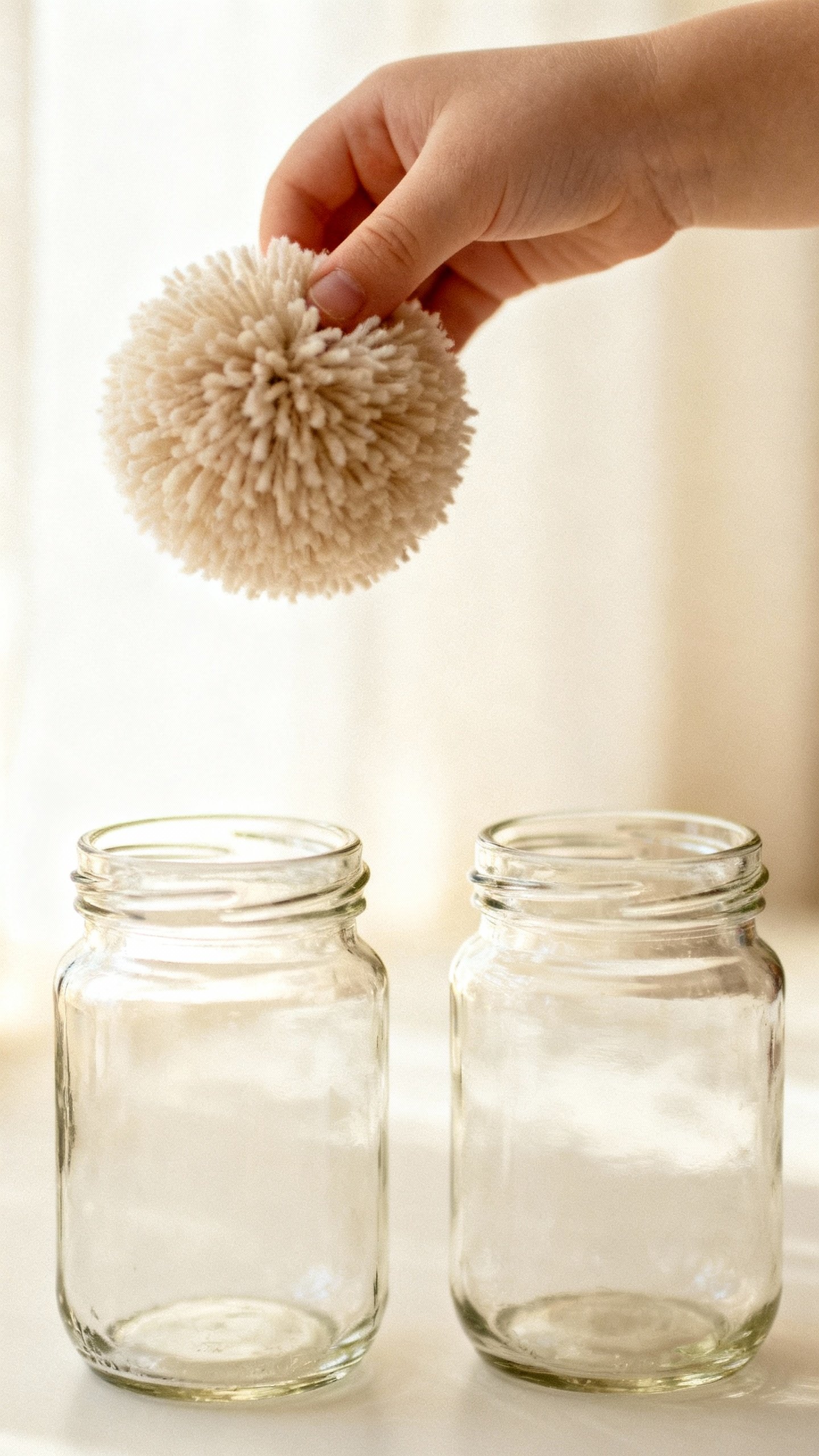 Two glass jars labeled with tokens, child’s fingers dropping pom-pom