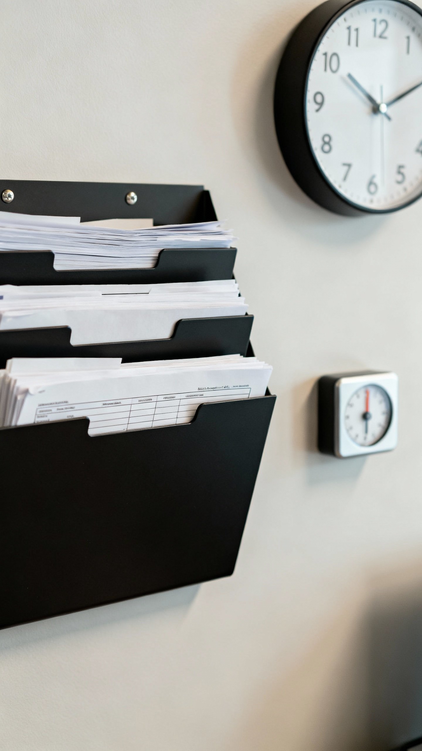 Wall-mounted file pockets with forms, analog clock and visual timer nearby