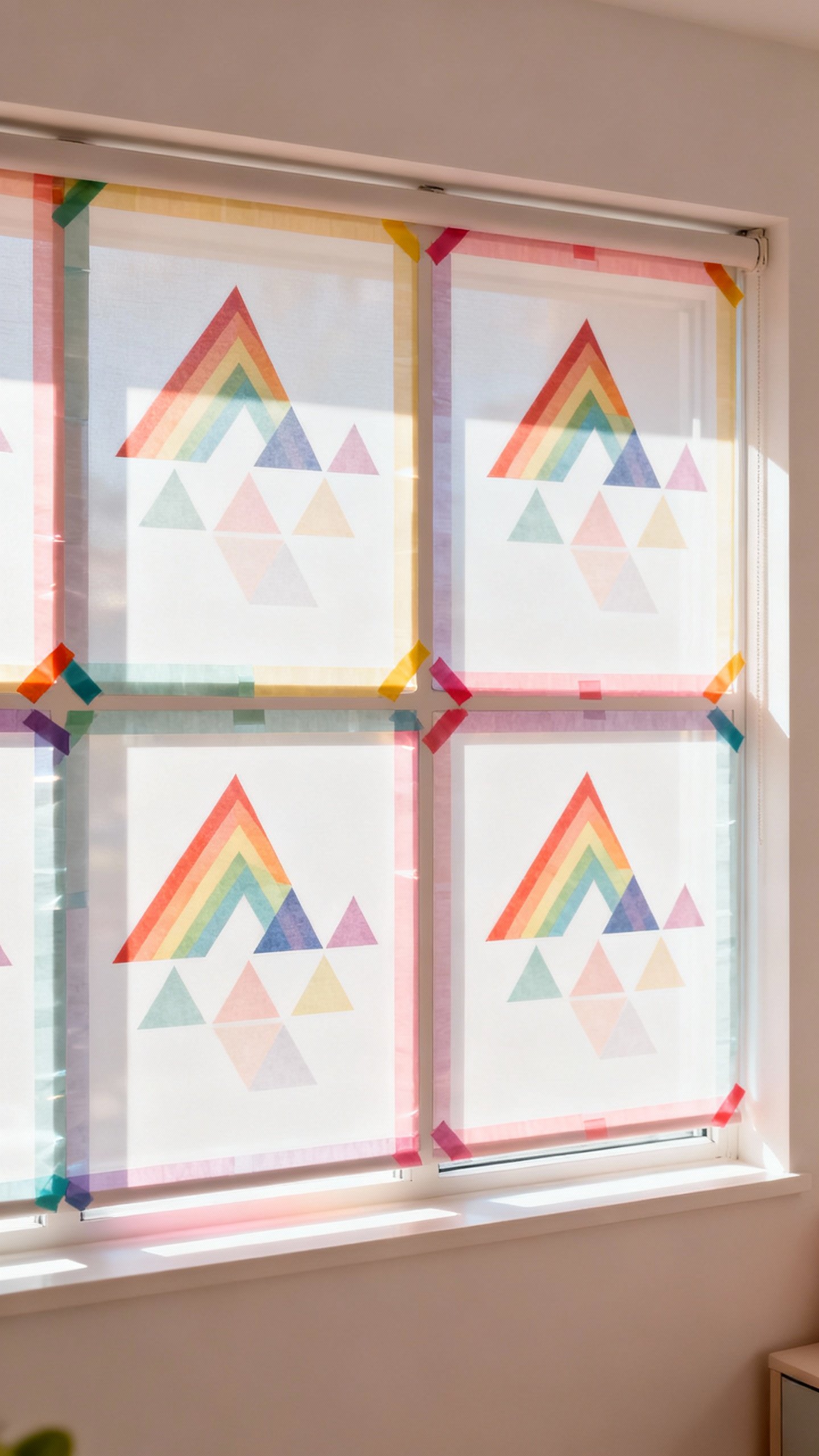 Window-mounted modular panels with washi tape borders, geometric rainbow triangles