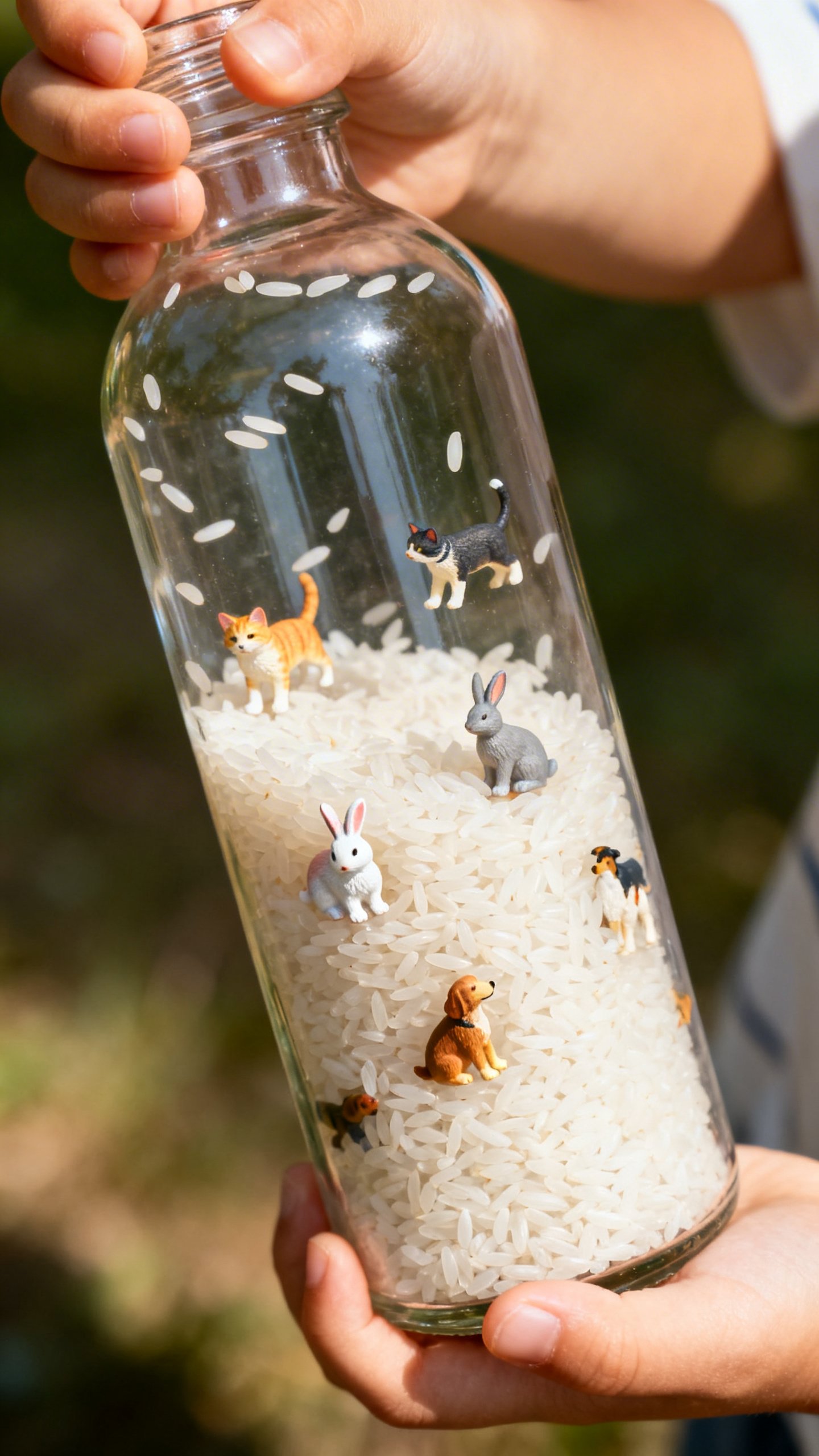 Child’s hands holding I-Spy bottle with rice and tiny animals