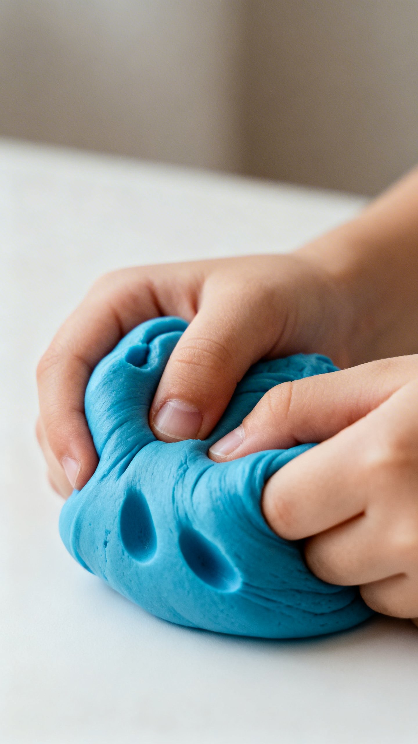 Child’s hands squeezing blue therapy putty, closeup, soft texture, neutral background