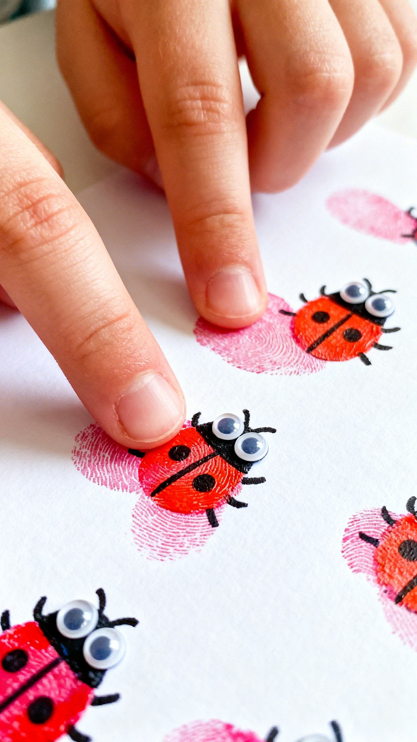 Closeup child fingers stamping fingerprint love bugs, washable paint, googly eyes, white cardstock