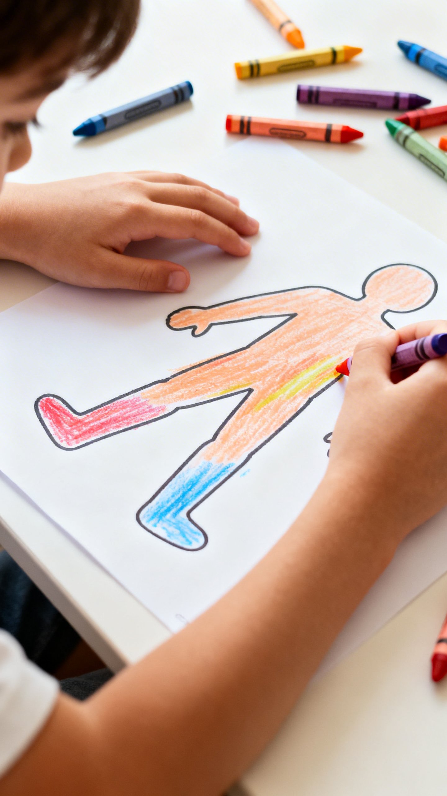 Closeup child hands coloring body outline map, crayons, bright colors