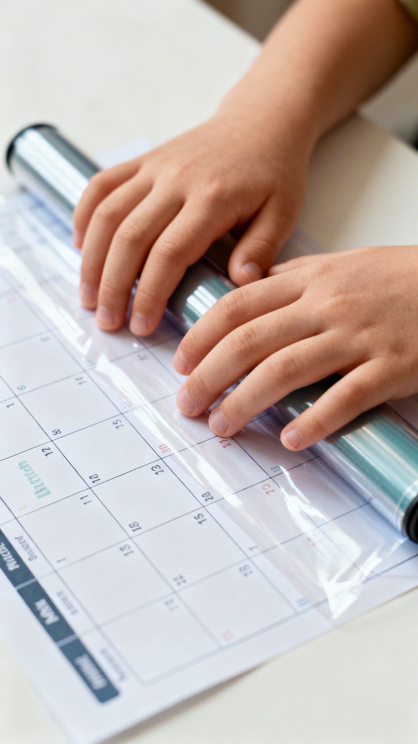 Closeup child hands laminating weekly planner page, glossy texture