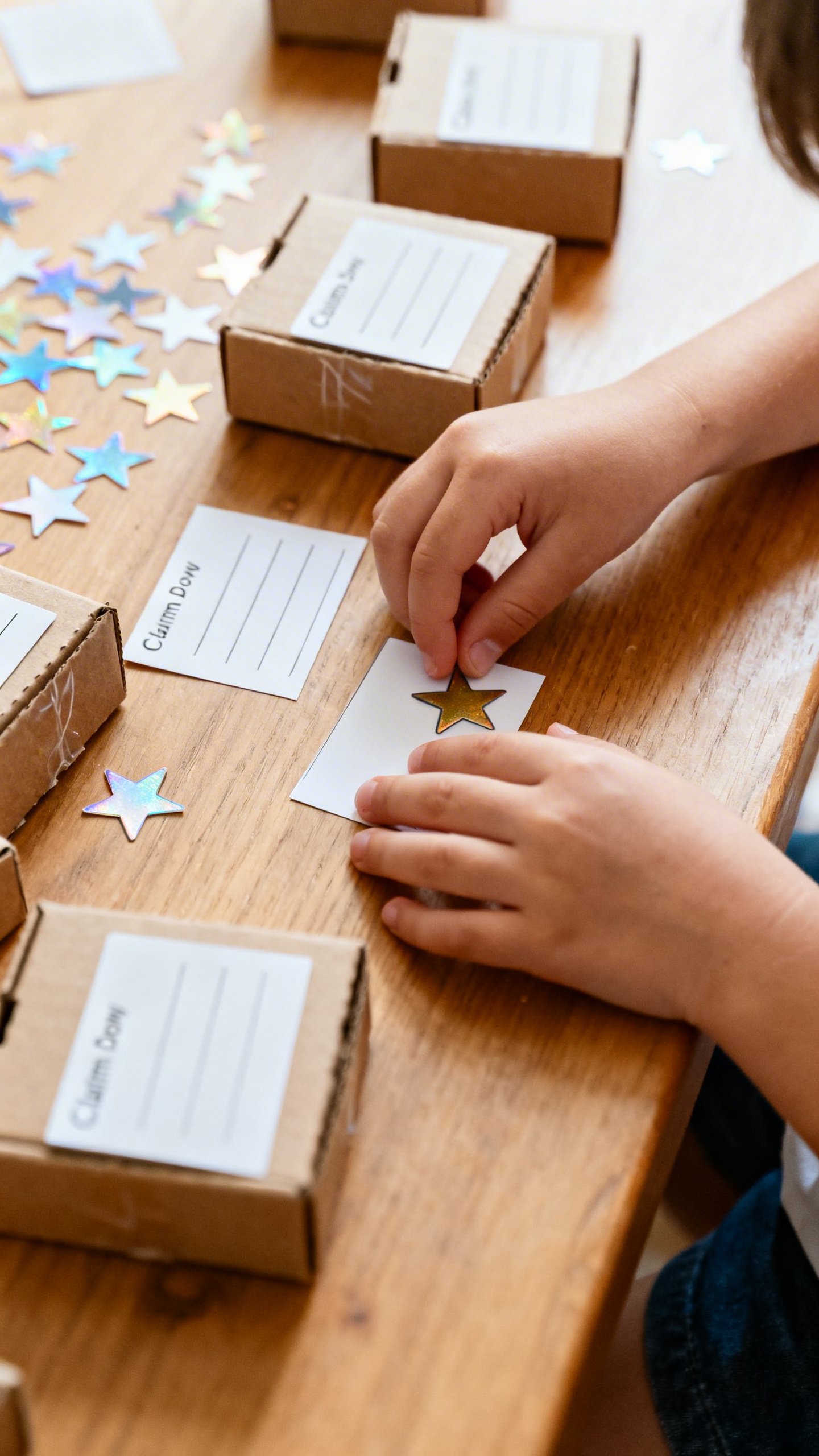 Closeup kid assembling calm-down toolkit boxes, index cards, star stickers