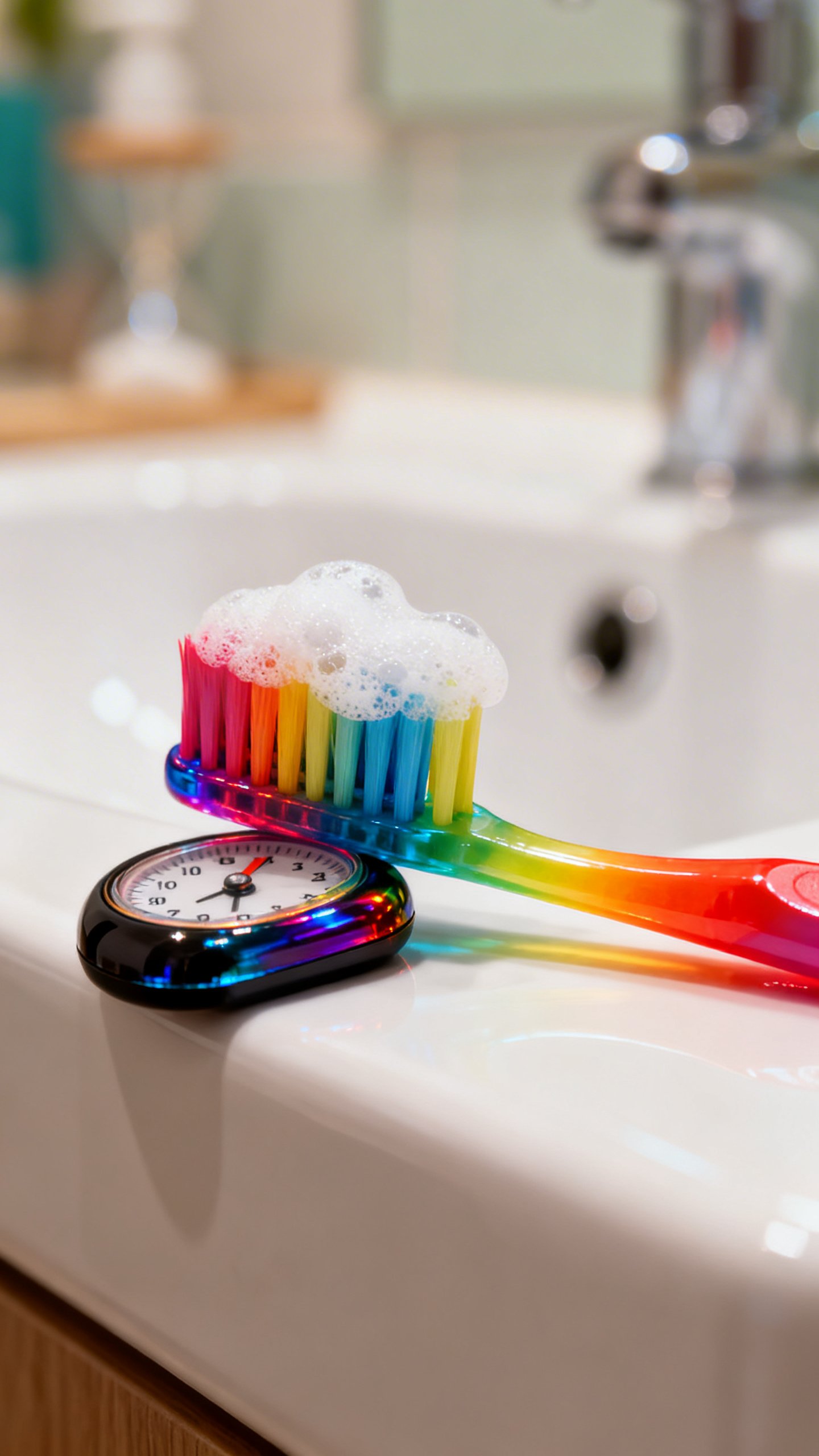 Closeup of colorful toothbrush and timer by bathroom sink, foamy bristles
