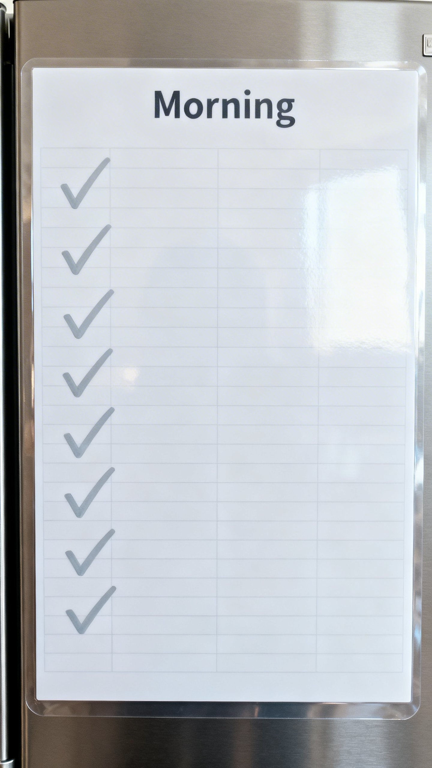 Closeup of laminated morning chart checklist on fridge, dry-erase checkmarks