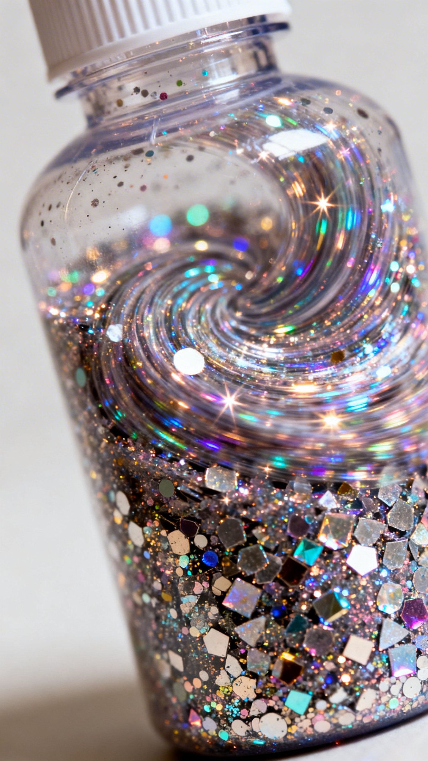 Closeup of plastic bottle swirling with fine and chunky glitter