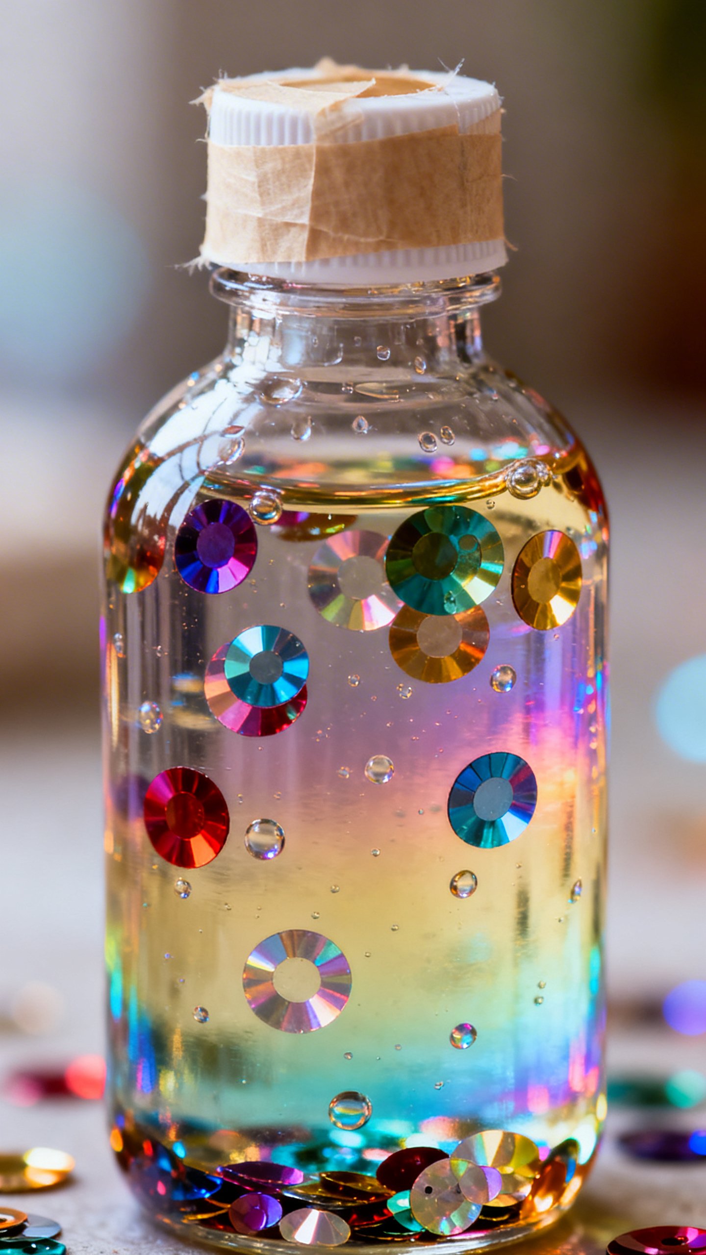 Closeup oil-and-water bottle with colored droplets, sequins, taped cap