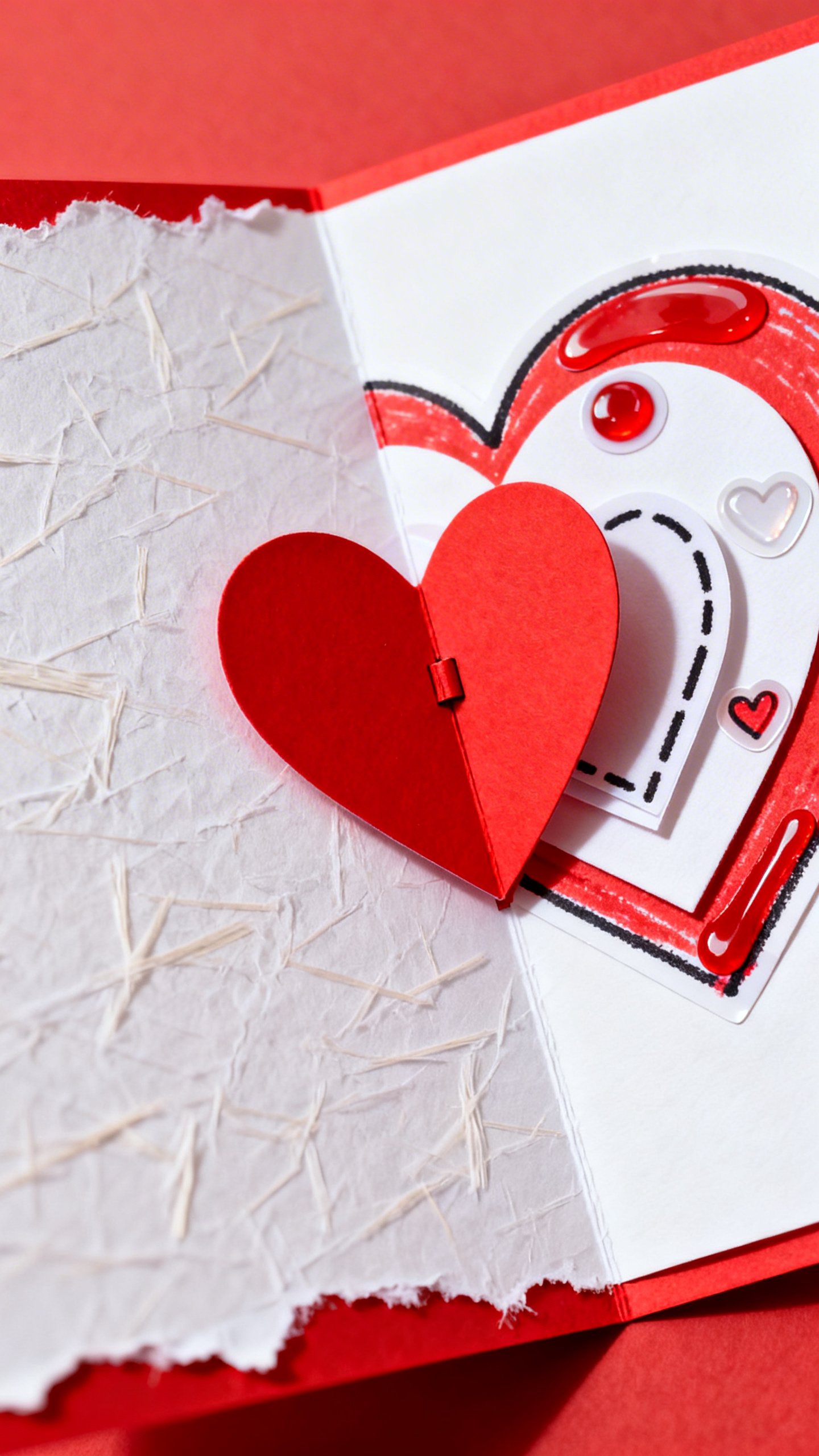 Closeup pop-up heart card opening, contrasting red heart hinge, stickers, markers, textured construc