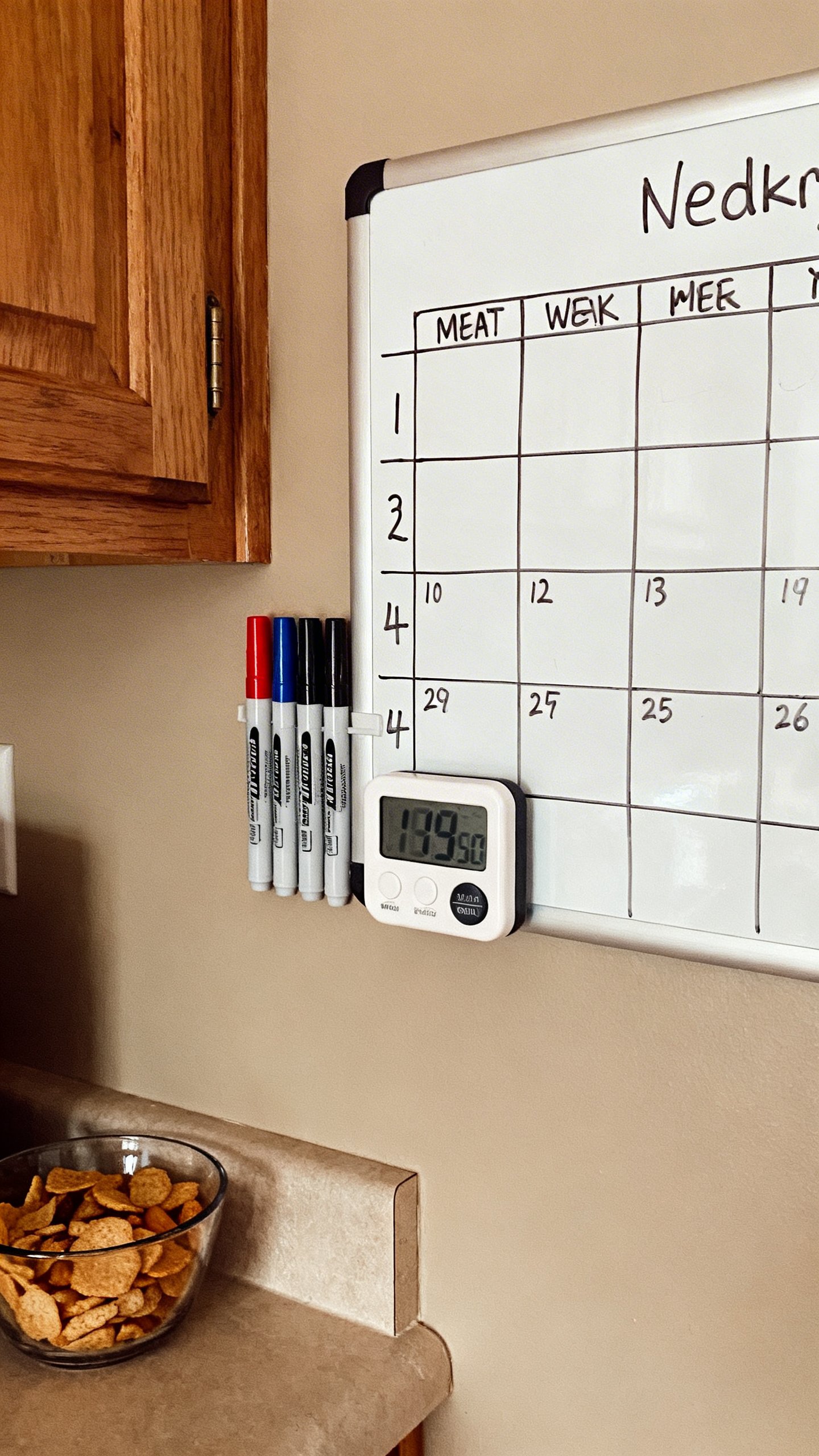 Kitchen wall whiteboard weekly overview, dry-erase markers, timer, snack nearby