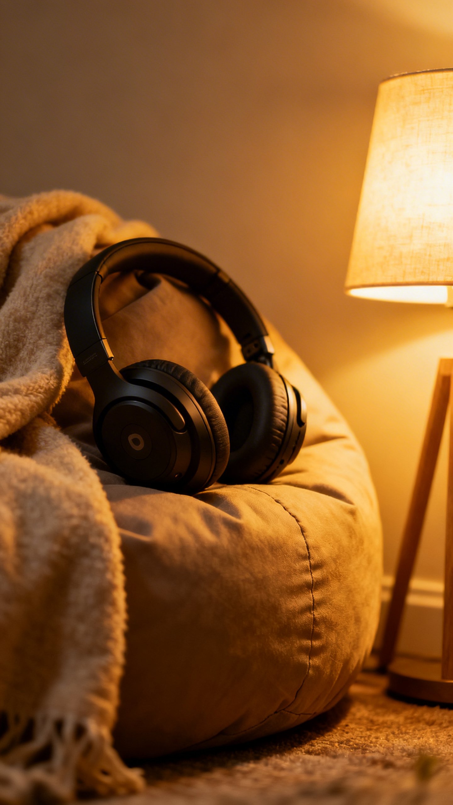 Noise-canceling headphones resting on cozy corner beanbag, dim lamp, soft blanket, closeup