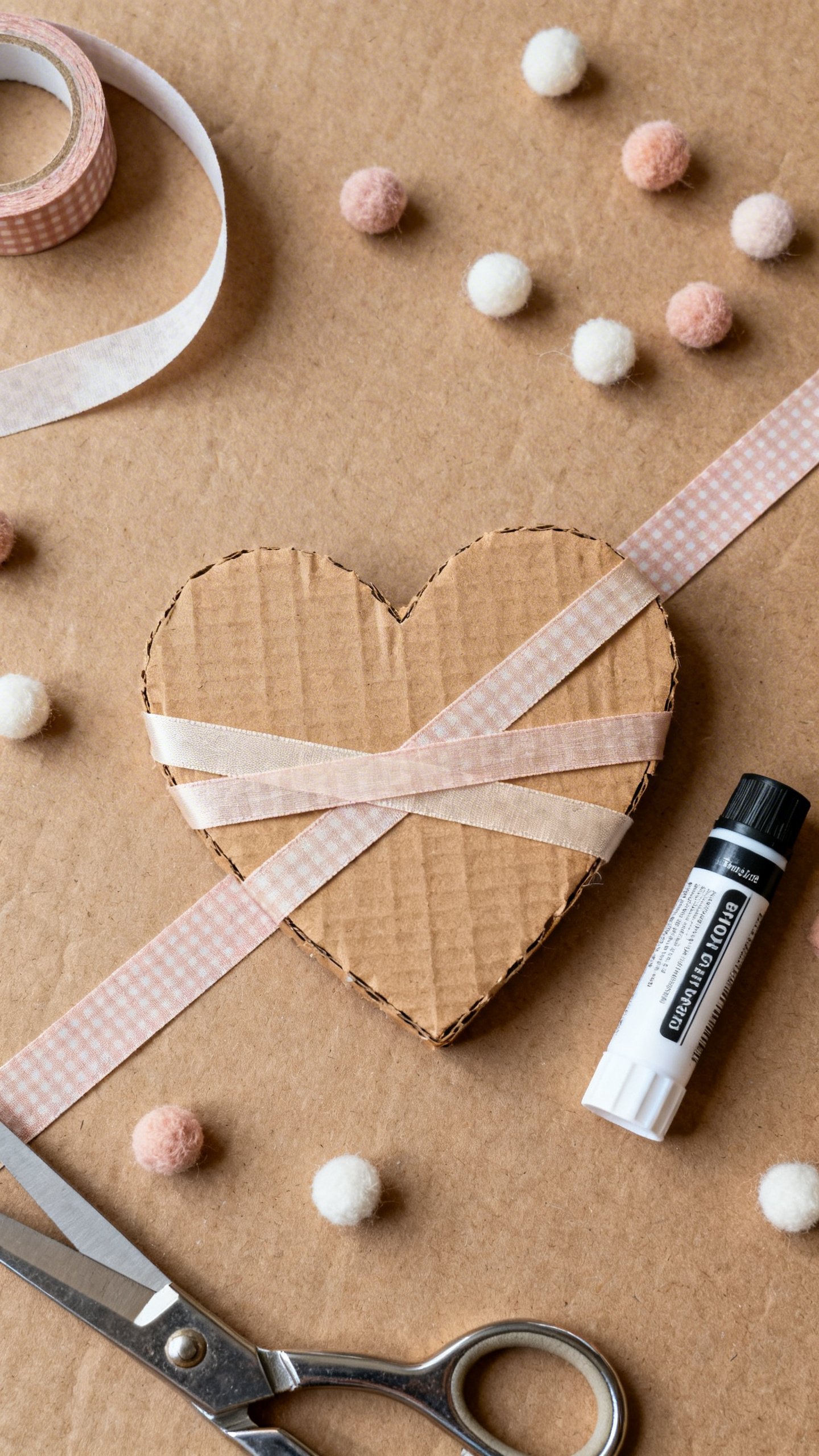 Overhead shot ribbon-wrapped cardboard heart, washi tape crisscross, mini pom-poms, scissors, glue s