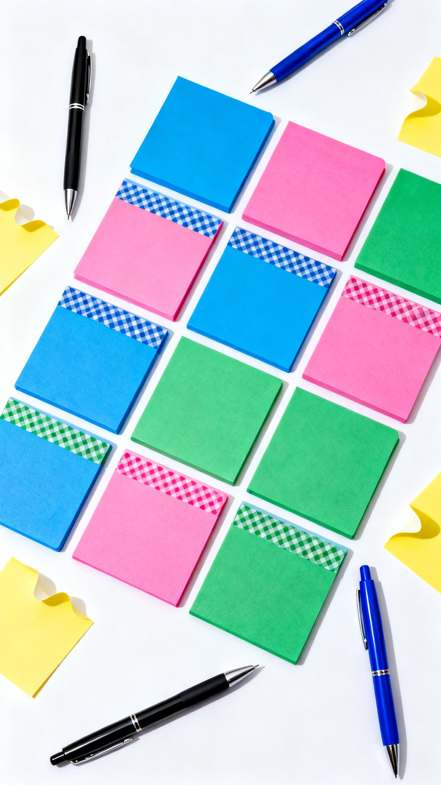 Overhead view color-coded binder dividers with washi tape, pens, sticky notes