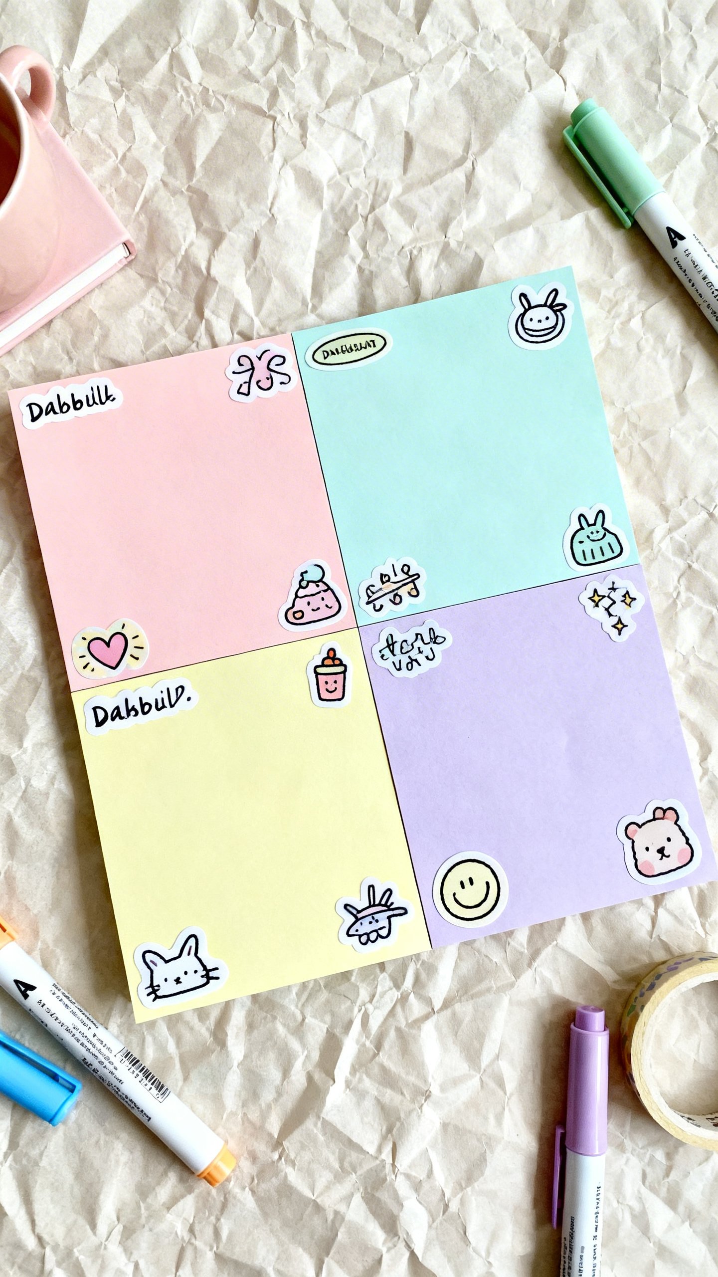 Overhead view homemade “zones” dashboard, four colored sections, stickers, markers